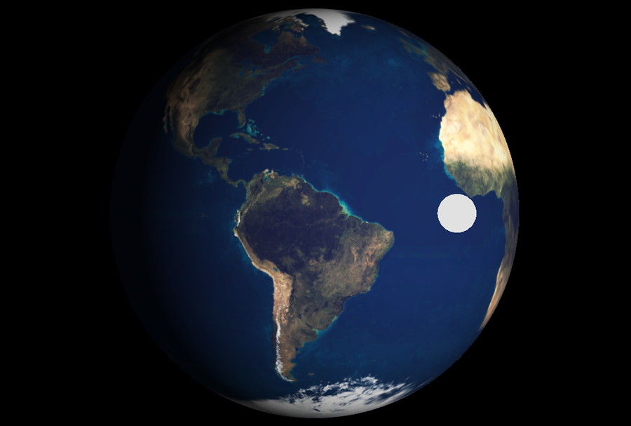 This is a sphere with a texture of the earth mapped to it. The sphere is lit by (very little) ambient light and diffuse light. The position of the light source is shown with a white sphere. 